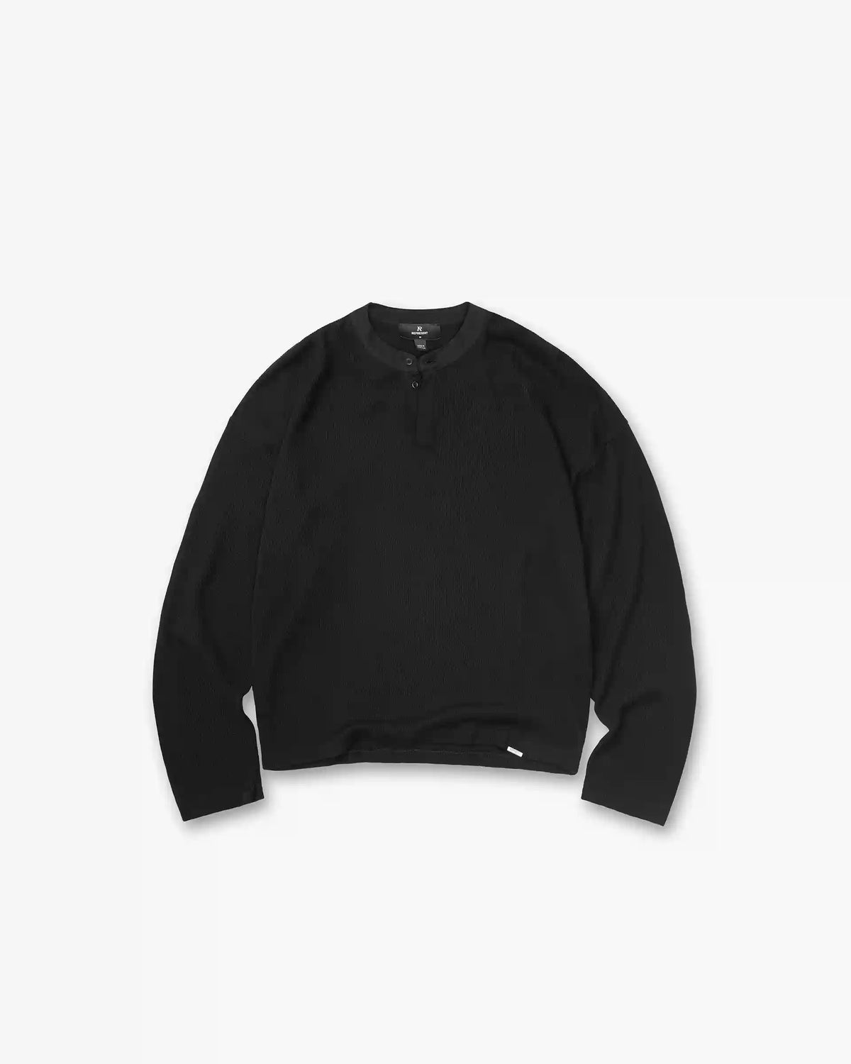 Initial Henley Waffle Long Sleeve T-Shirt - Jet Black